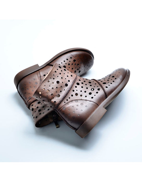 Botas cortas de cuero retro huecas para mujer