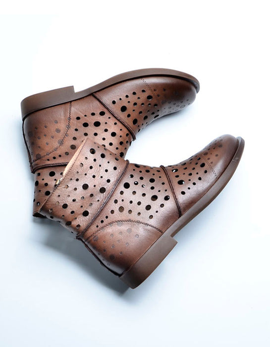 Botas cortas de cuero retro huecas para mujer