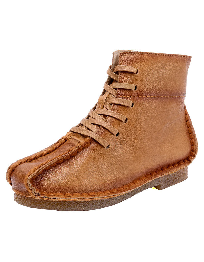 Lace-up Hand Stitch Leather Retro Boots — Obiono