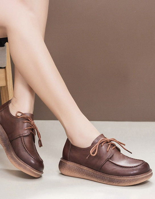 Chaussures rétro en cuir à lacets et talon épais et semelle souple