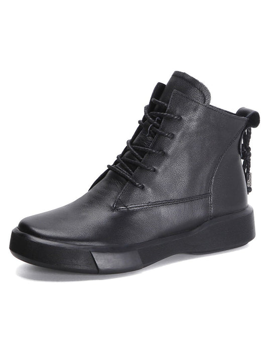 Lace Up Winter Leather Short Boots Black
