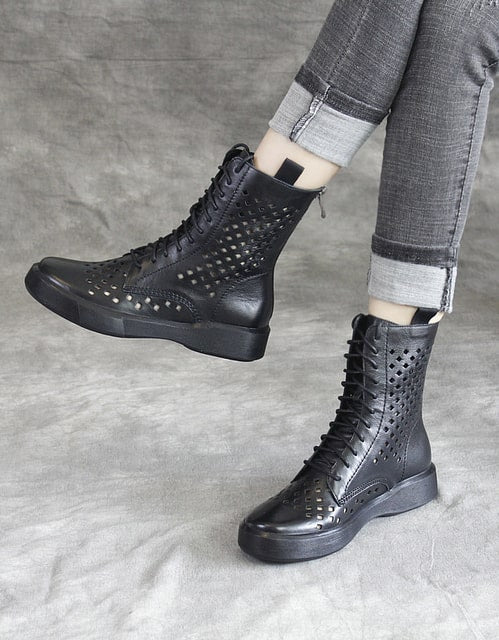 Lace Up Hollow Leather Summer Boots Black