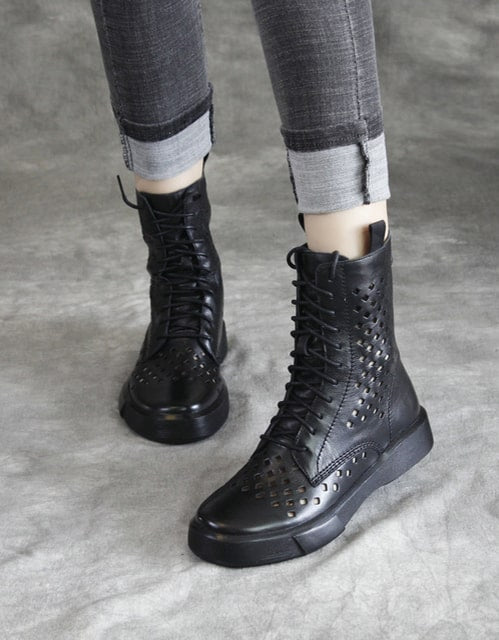 Lace Up Hollow Leather Summer Boots Black