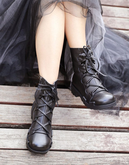 Lace Up Leather Thick Heel Motorcycle Boots