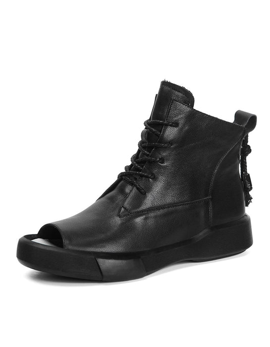 Lace Up Open Toe Leather Short Boots Black