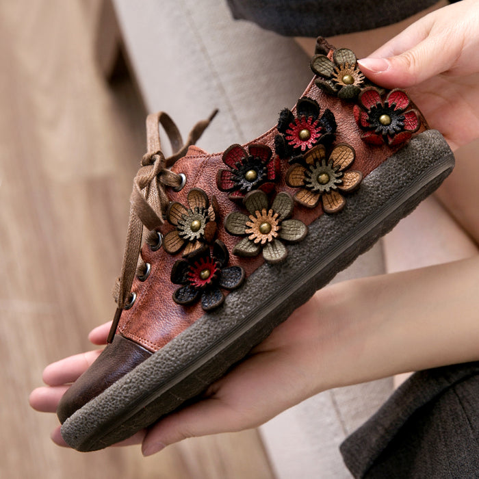 Lace Up Women Retro Flower Cute Shoes