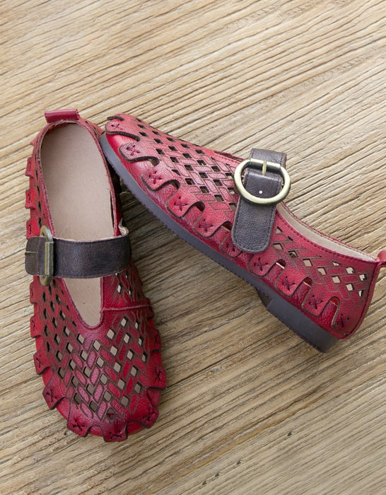 Leather Handmade Hollow Summer Red Shoes