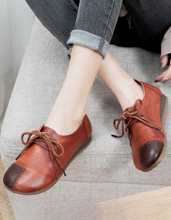Leather Handmade Lace-up Patch Retro Flat Shoes