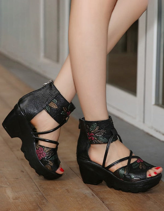 Leather Printed Ethnic Style Women's Sandals