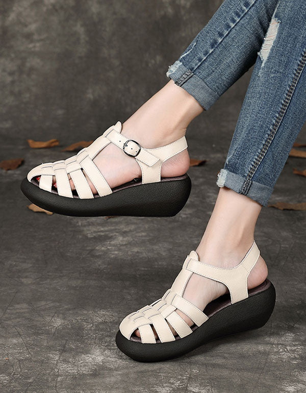 Handmade Retro Woven Close Toe Wedge Sandals — Obiono