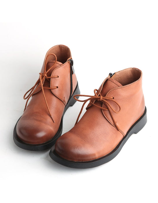 Leather Round Head Lace Up Autumn Winter Boots