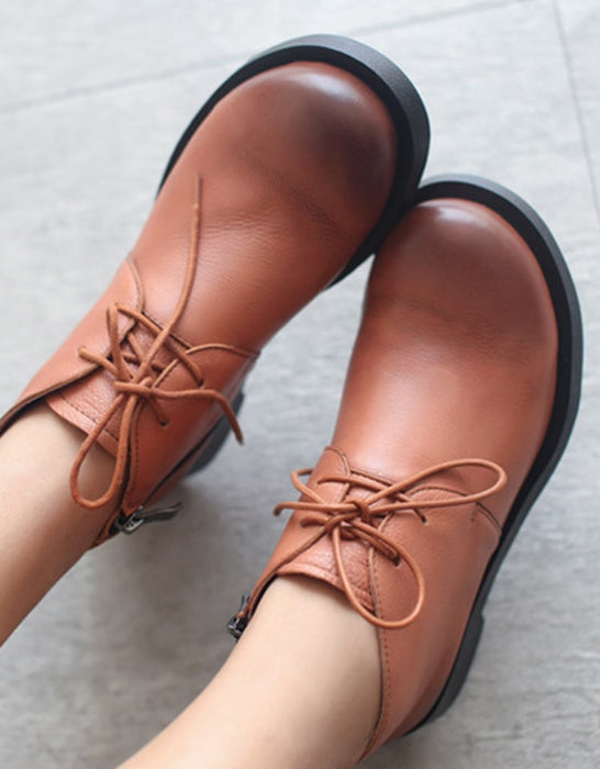 Leather Round Head Lace Up Autumn Winter Boots