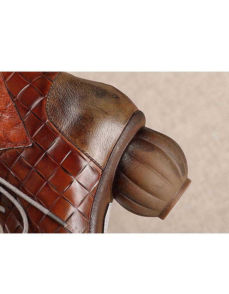 Leather Splicing Woven Retro Chunky Boots — Obiono