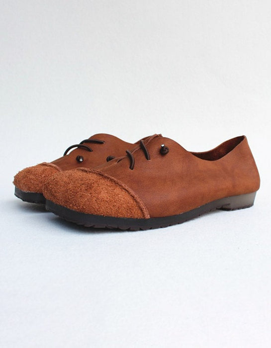 Leather Square Head Handmade Retro Flat Shoes
