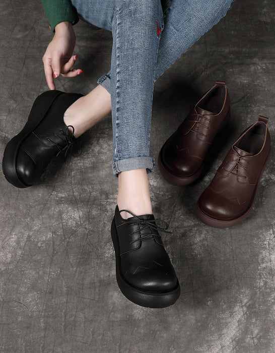 Leather Stitching Round Toe Retro Wedge Shoes Sep Shoes Collection 2022 98.00