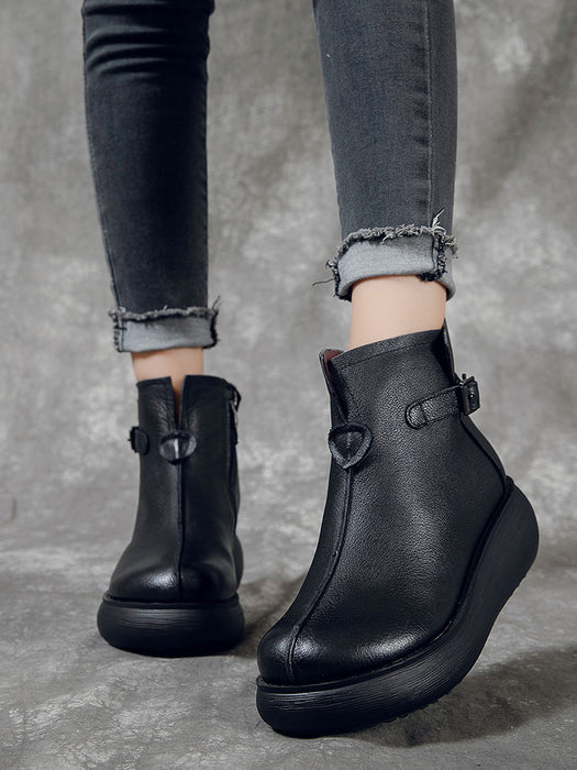Leather Wedge Heel Waterproof Women Retro Boots