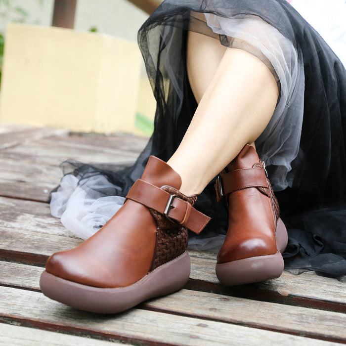 Retro Leather Handmade Women's Wedge Boots