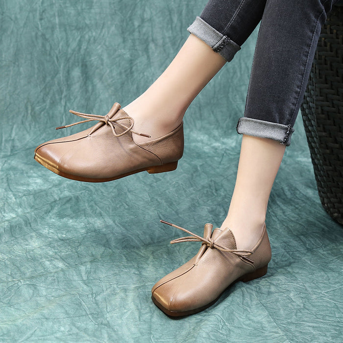 Leather Lace Up Square Head Flats