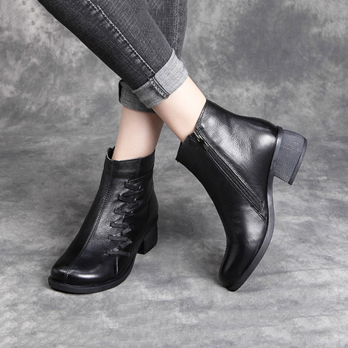 Leather Retro Thick Heel Short Women's Boots