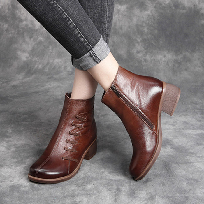 Leather Retro Thick Heel Short Women's Boots