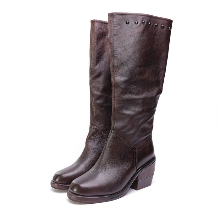Leather Thick Heel Retro Long Boots | Gift Shoes
