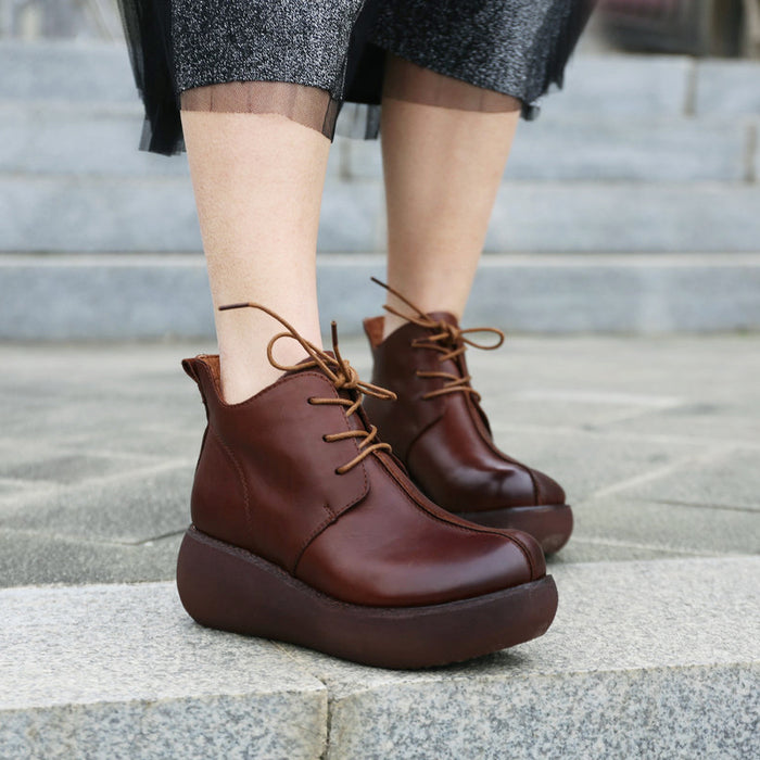Autumn Retro Leather Women's Wedge Boots