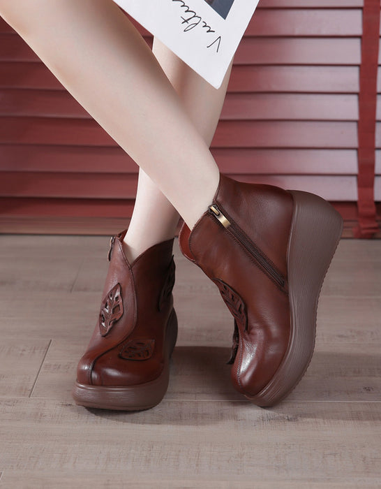 Leaves Decor Waterproof Retro Wedge Boots Oct Shoes Collection 2022 105.00