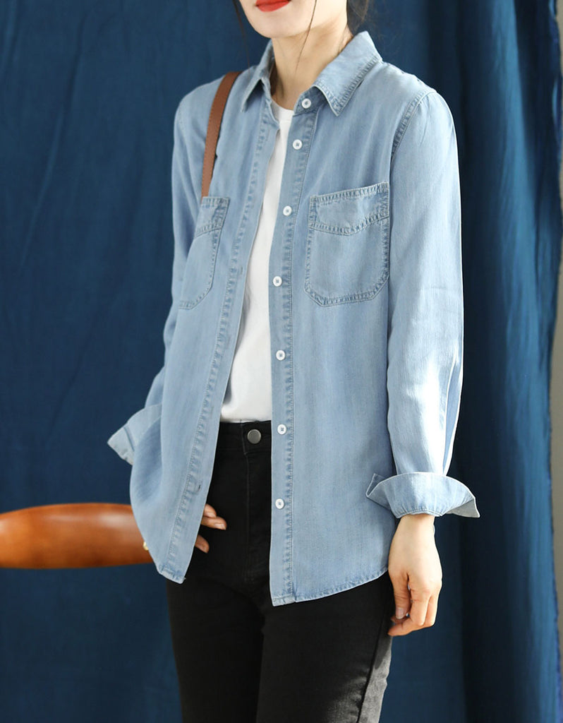 Loose Soft Cotton Loose Denim Shirt — Obiono - Main Image