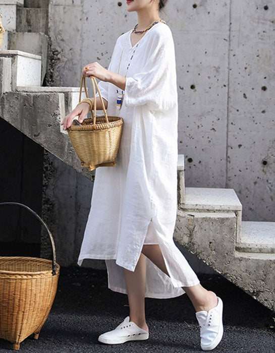 Embroidered Loose V-Neck White Linen Dress L / White Embroidered Loose V-Neck White Linen Dress L / White