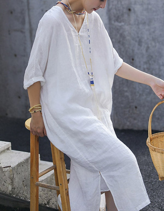 Embroidered Loose V-neck White Linen Dress L / White Embroidered Loose V-neck White Linen Dress L / White