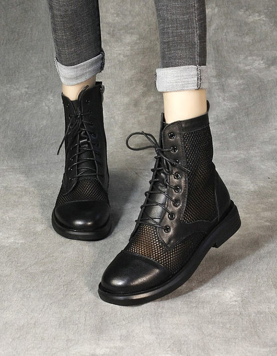 New Retro Leather Mesh Summer Black Boots