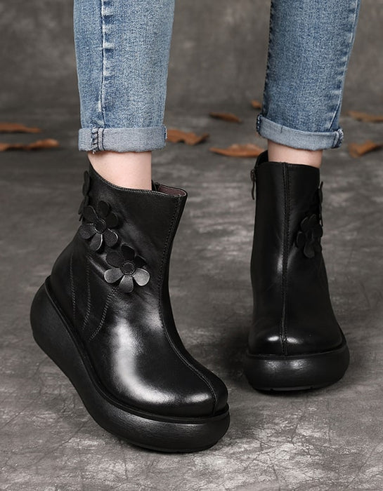 OBIONO Flower Retro Leather Wedge Ankle Boots