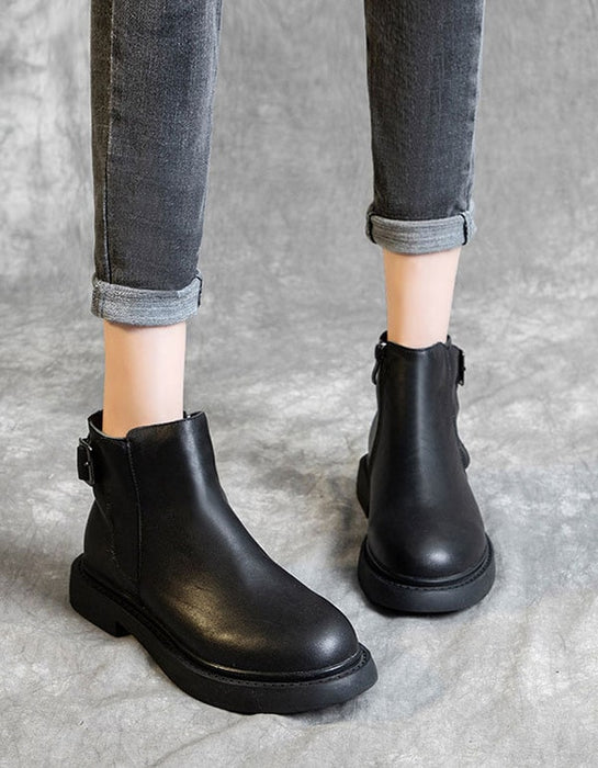 OBIONO Retro Leather Thick-heel Black Boots