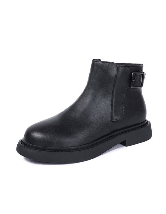 OBIONO Retro Leather Thick-heel Black Boots