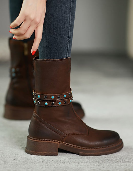 OBIONO Vintage Buckle Studded British Leather Boots