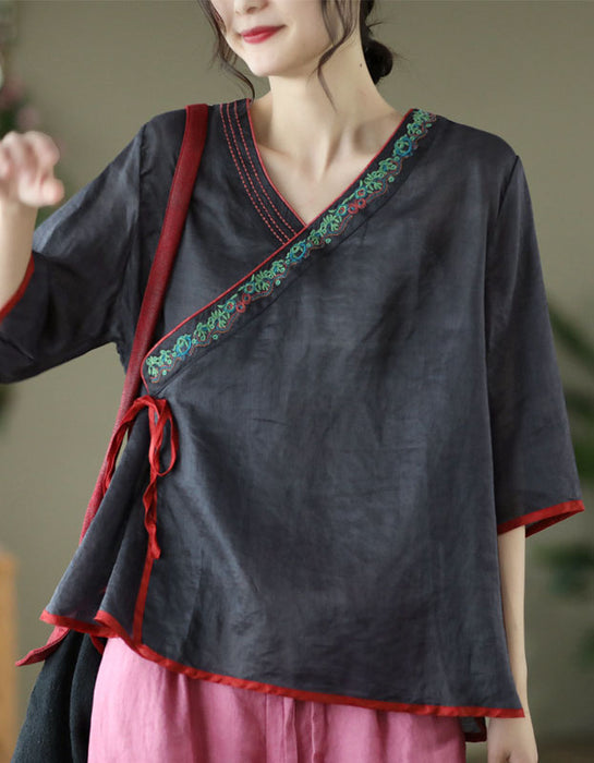 Oriental Style Embroidery Ramie V-neck Shirt Accessories 47.00
