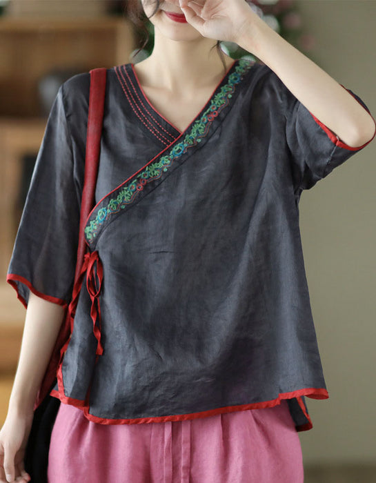 Oriental Style Embroidery Ramie V-neck Shirt Accessories 47.00