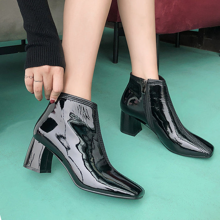 Patent Leather Square Head Short Boots | Gift Shoes | 34-43