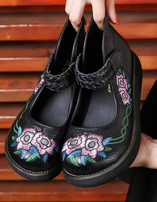 Platform Round Head Buckle Embroidered Ethnic Shoes