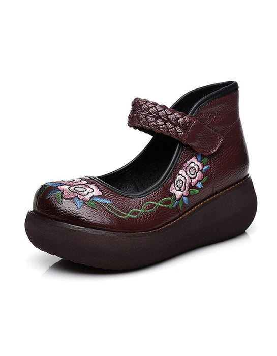 Platform Round Head Buckle Embroidered Ethnic Shoes