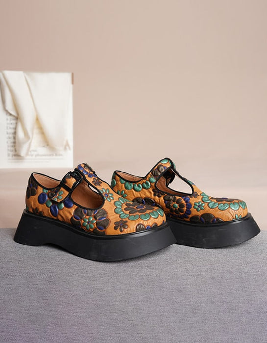 Platform Round Head Ethnic Style Printed Shoes