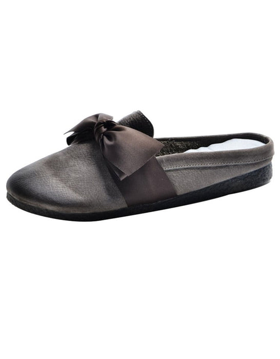 Retro Leather Bowknot Soft Bottom Slippers
