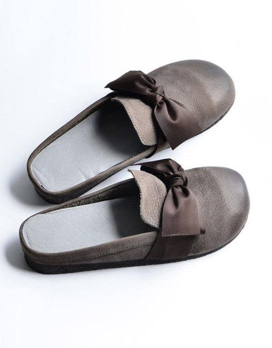 Retro Leather Bowknot Soft Bottom Slippers