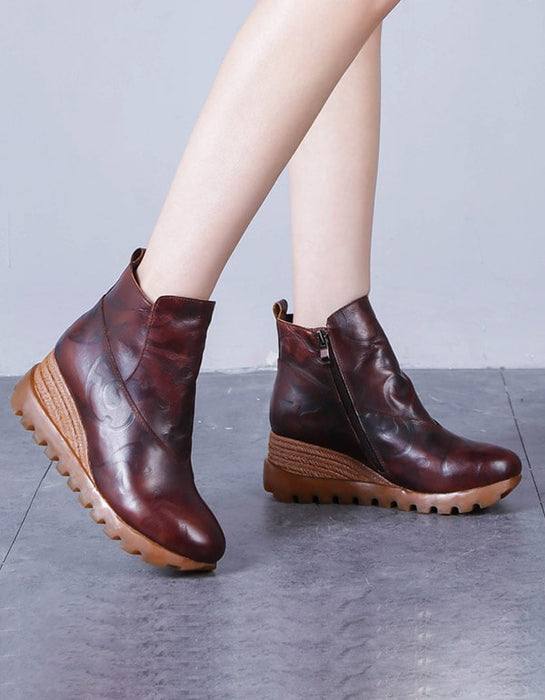 Retro Leather Comfortable Wedges Boots For Women