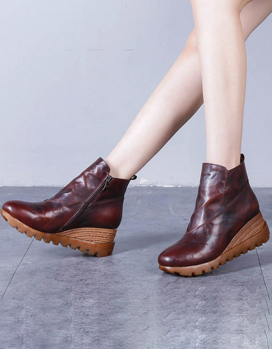 Retro Leather Comfortable Wedges Boots For Women