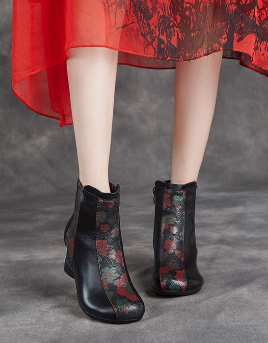 Retro Leather Flower Printing Chunky Boots March New 2020 83.50