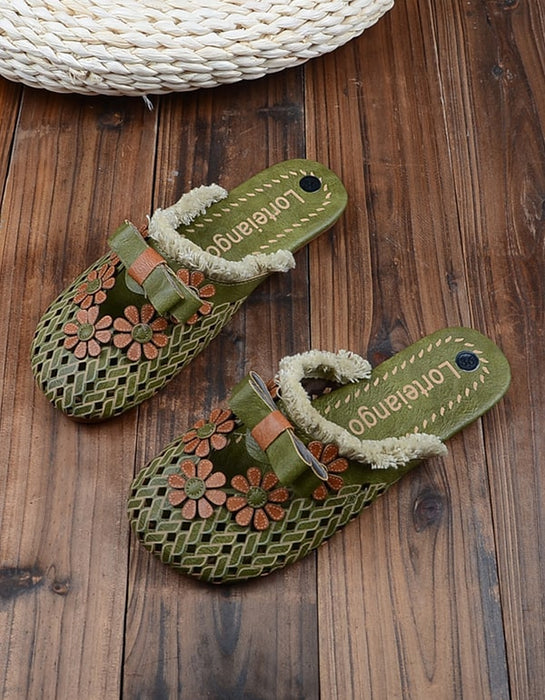 Women's Handmade Retro Leather Flower Slippers — Obiono