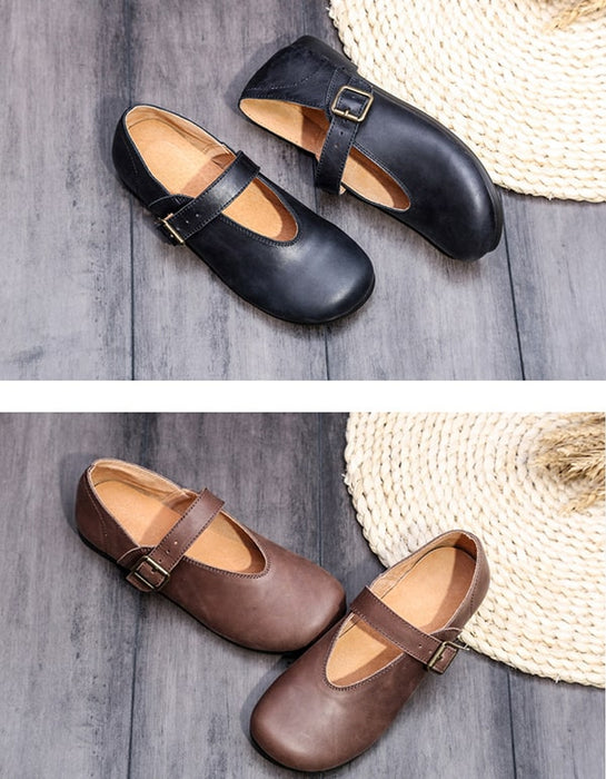 OBIONO Retro Leather Handmade Flat Shoes Women
