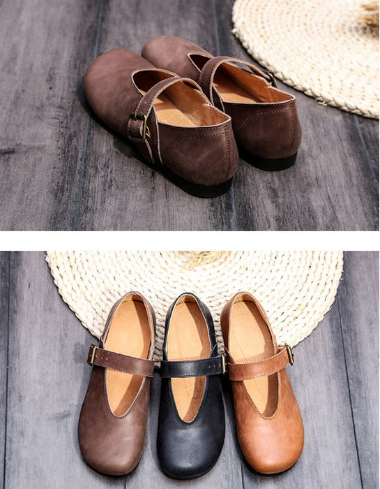 OBIONO Retro Leather Handmade Flat Shoes Women