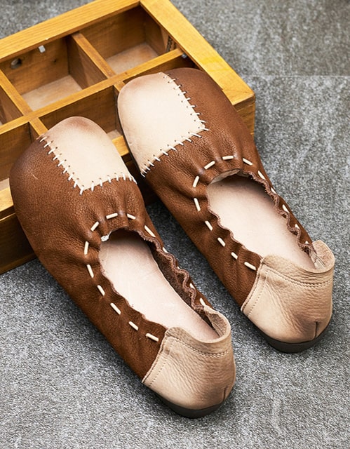 Retro Leather Handmade Patch Flat Shoes